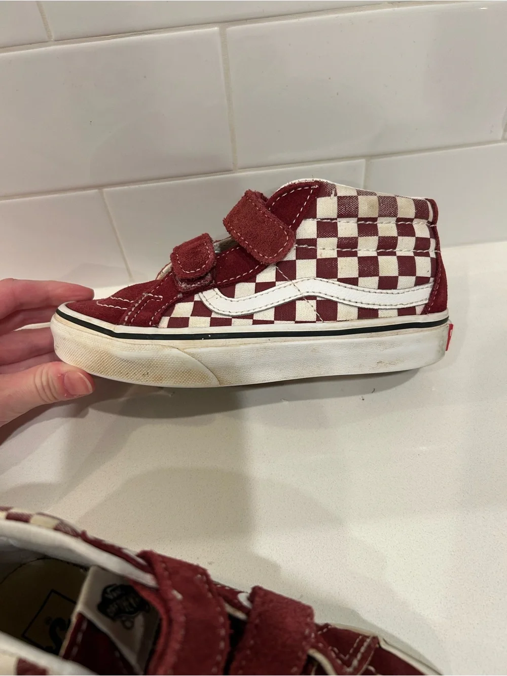 Preloved Vans Red/Maroon Checkerboard Mid Sk8 Kids Shoes Size 13!